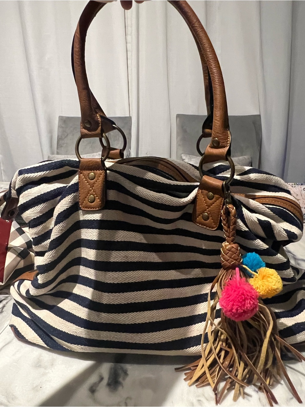 ALDO Beach Striped Navy and White Canvas Tote with Brown Leather Trim